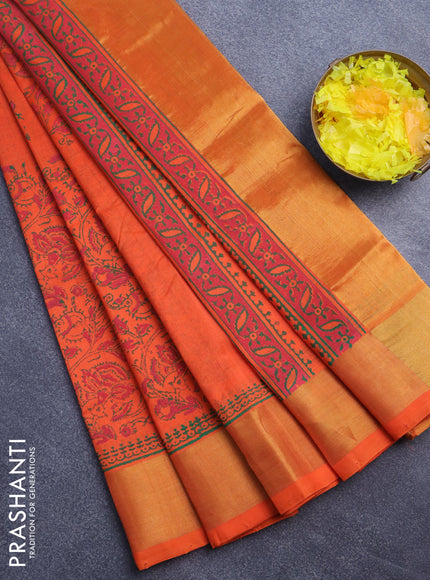 Silk cotton block printed saree orange with box type butta prints and zari woven border