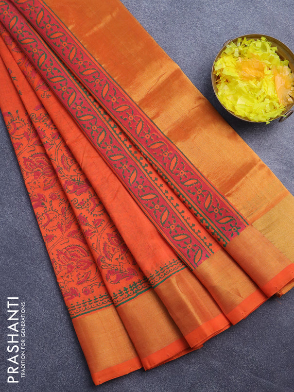 Silk cotton block printed saree orange with box type butta prints and zari woven border