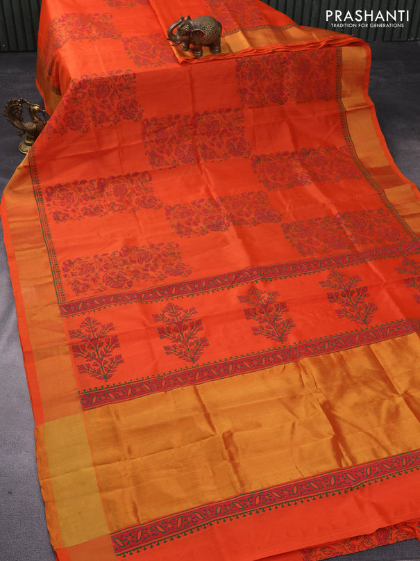 Silk cotton block printed saree orange with box type butta prints and zari woven border