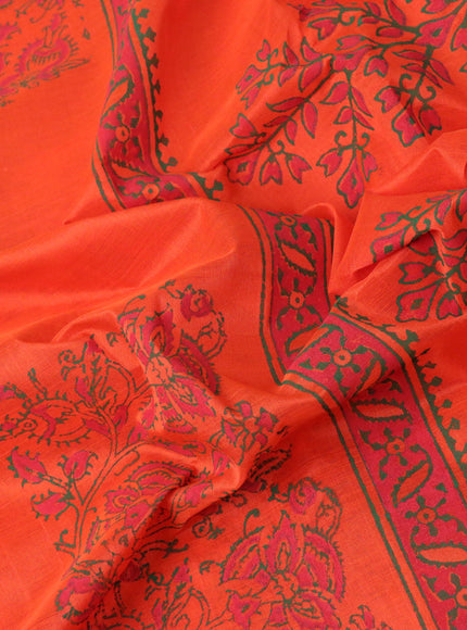 Silk cotton block printed saree orange with box type butta prints and zari woven border