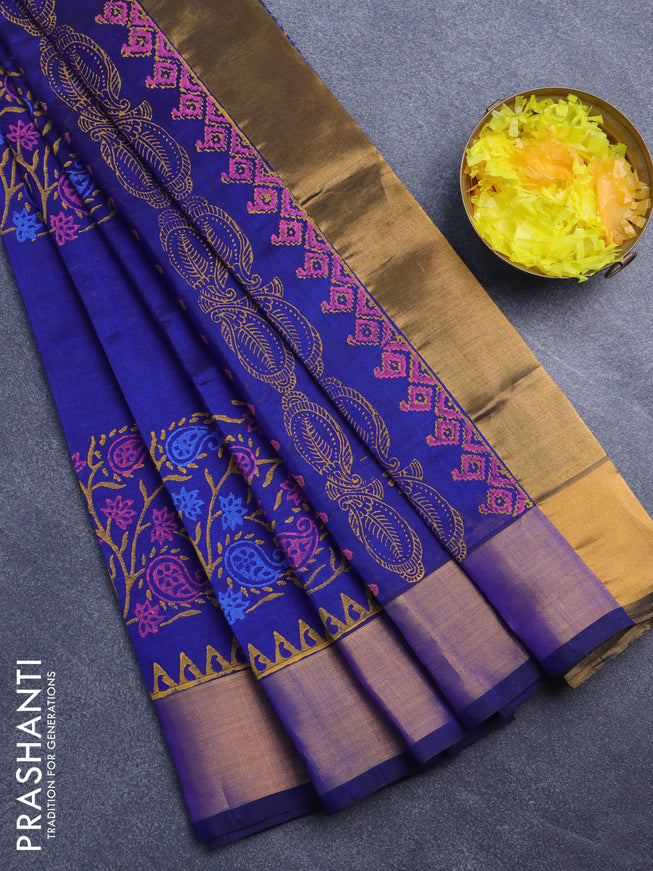 Silk cotton block printed saree blue with butta prints and zari woven border