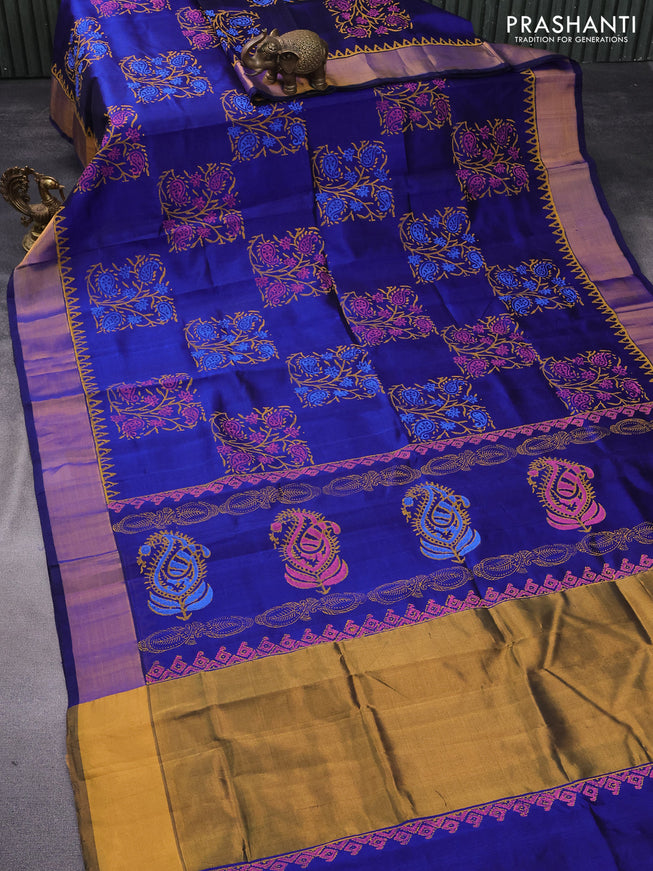 Silk cotton block printed saree blue with butta prints and zari woven border