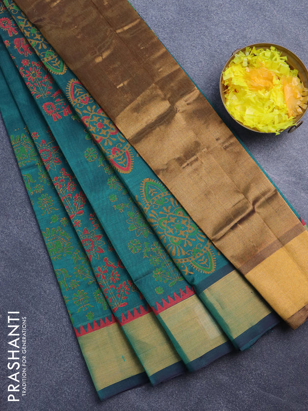 Silk cotton block printed saree green with butta prints and zari woven border