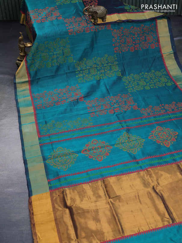 Silk cotton block printed saree green with butta prints and zari woven border