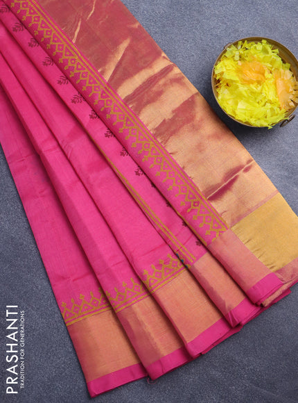 Silk cotton block printed saree pink with butta prints and zari woven border