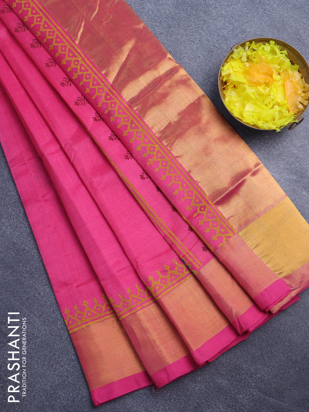 Silk cotton block printed saree pink with butta prints and zari woven border