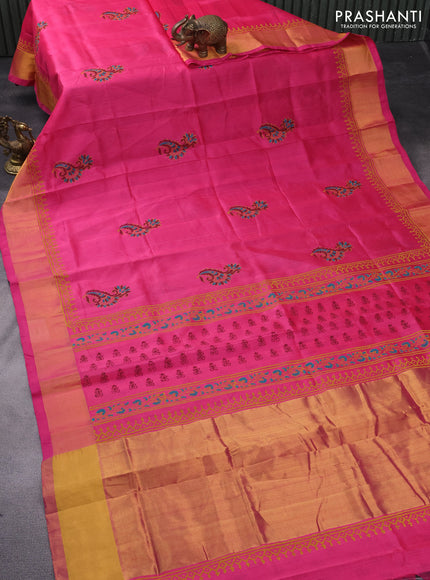 Silk cotton block printed saree pink with butta prints and zari woven border