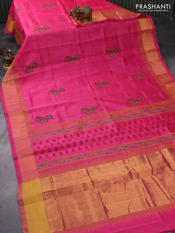 Silk cotton block printed saree pink with butta prints and zari woven border