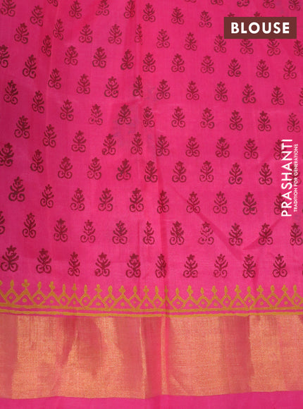 Silk cotton block printed saree pink with butta prints and zari woven border