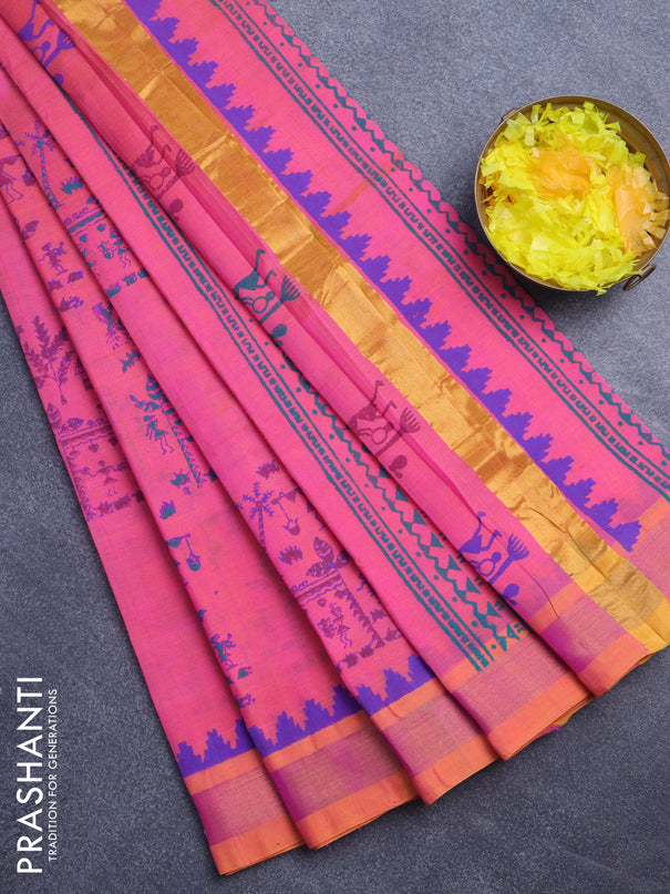 Silk cotton block printed saree dual shade of pink with allover prints and zari woven border