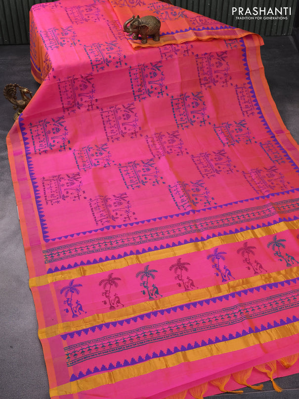 Silk cotton block printed saree dual shade of pink with allover prints and zari woven border