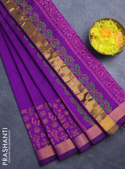 Silk cotton block printed saree purple with butta prints and zari woven border