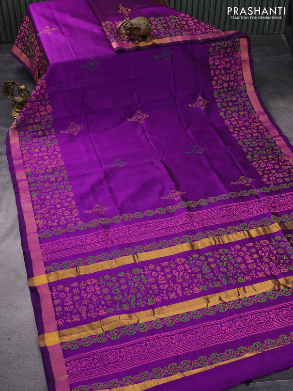 Silk cotton block printed saree purple with butta prints and zari woven border