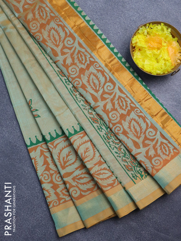 Silk cotton block printed saree dual shade of green and mustard shade with butta prints and zari woven border