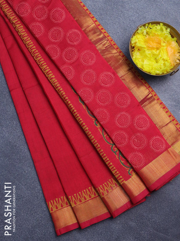 Silk cotton block printed saree maroon with butta prints and zari woven border