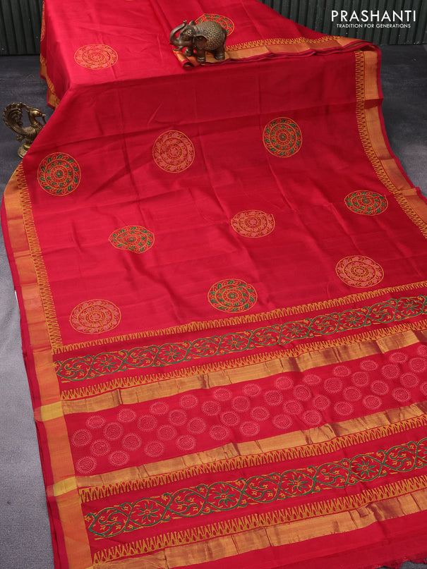 Silk cotton block printed saree maroon with butta prints and zari woven border