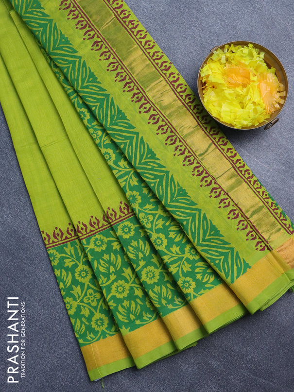 Silk cotton block printed saree lime green with butta prints and zari woven border