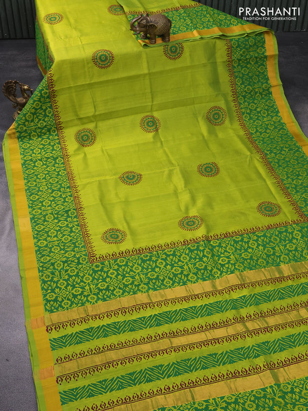 Silk cotton block printed saree lime green with butta prints and zari woven border