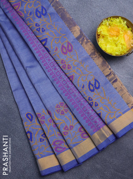 Silk cotton block printed saree blue shade with butta prints and zari woven border