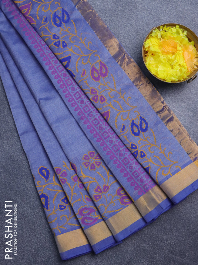 Silk cotton block printed saree blue shade with butta prints and zari woven border