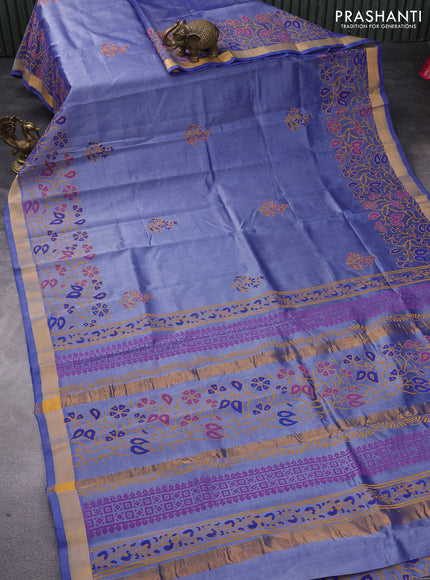 Silk cotton block printed saree blue shade with butta prints and zari woven border