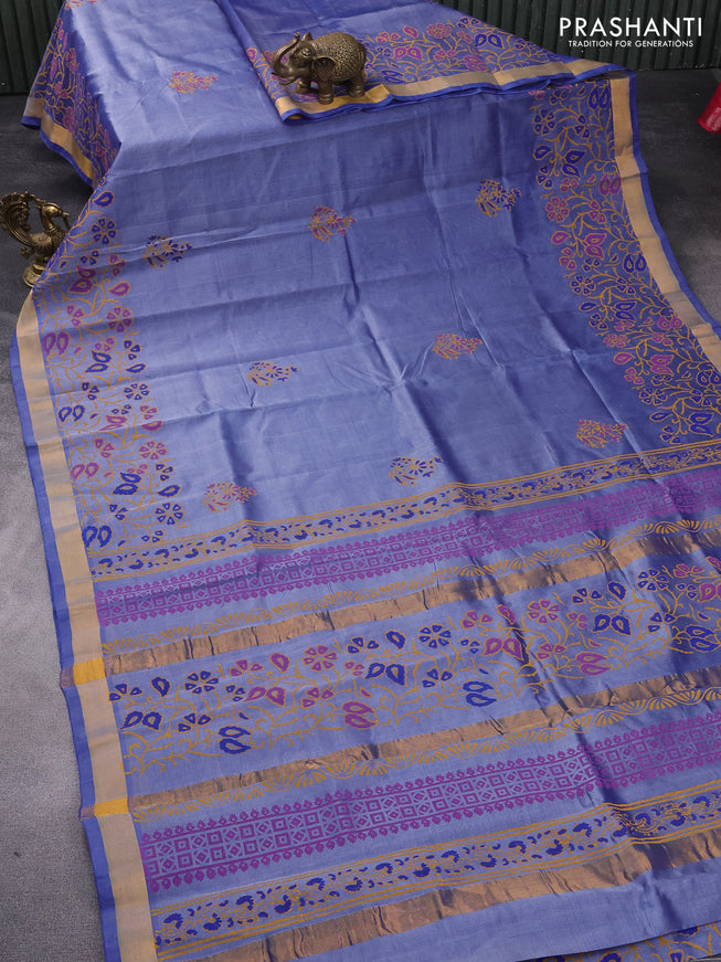 Silk cotton block printed saree blue shade with butta prints and zari woven border