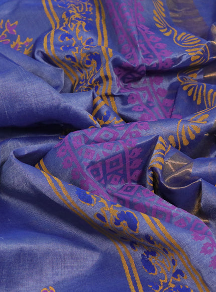 Silk cotton block printed saree blue shade with butta prints and zari woven border