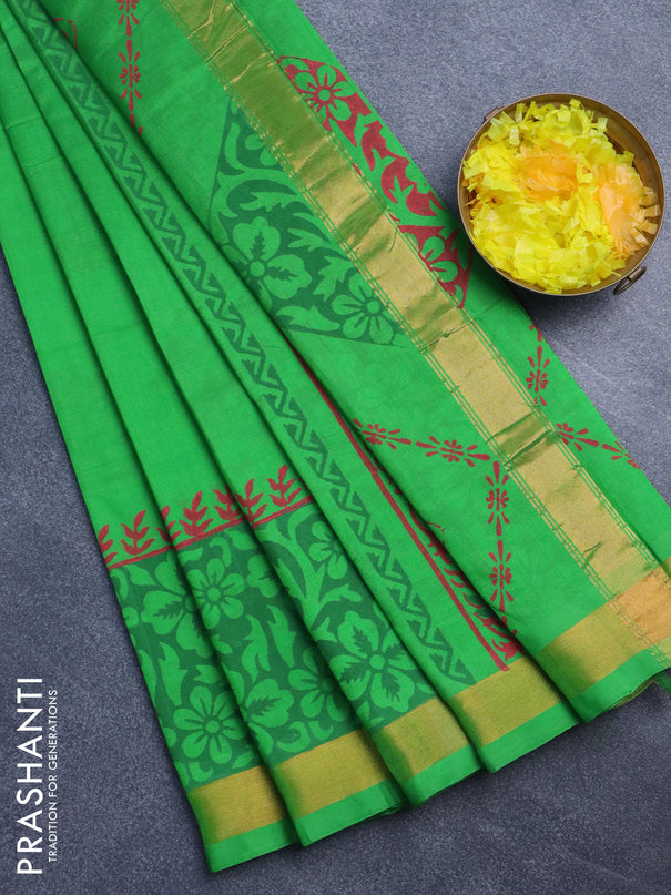 Silk cotton block printed saree light green with butta prints and zari woven border