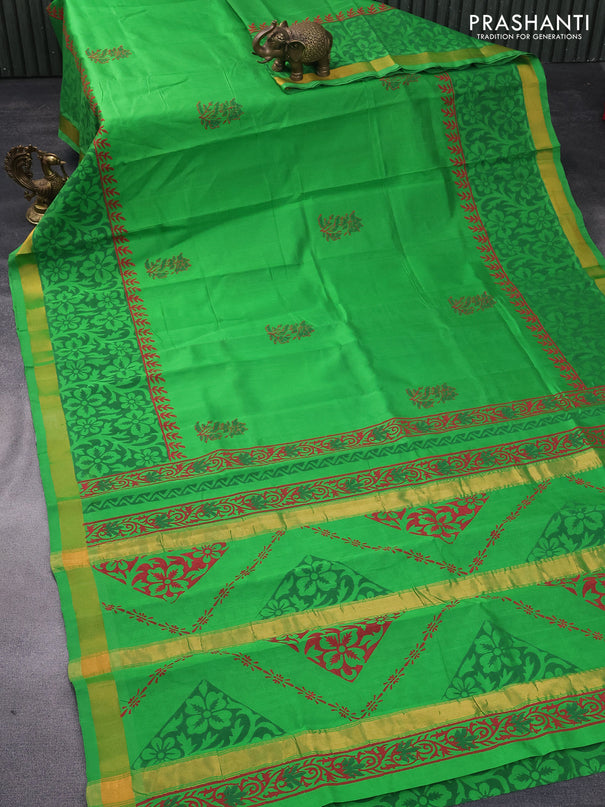 Silk cotton block printed saree light green with butta prints and zari woven border