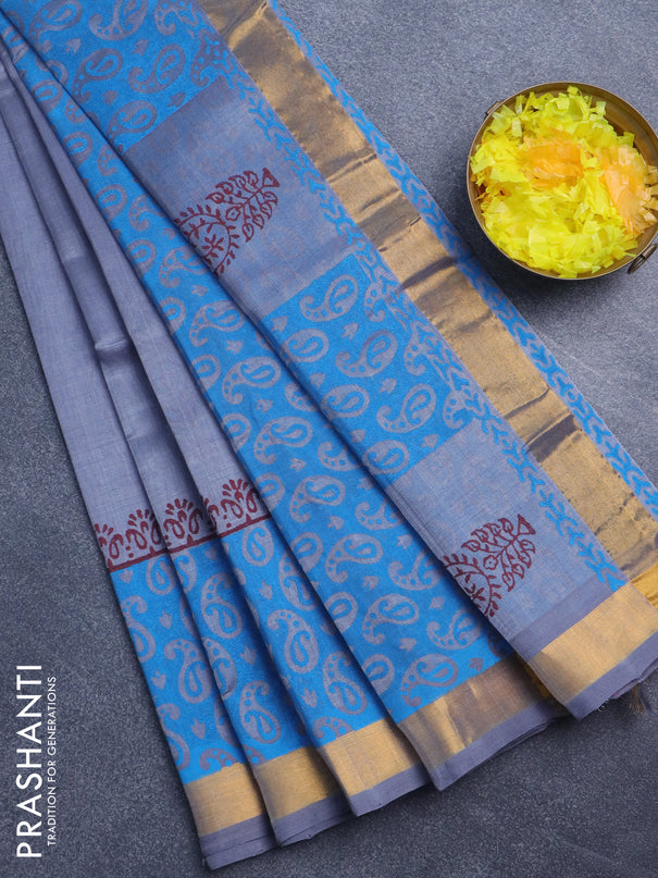 Silk cotton block printed saree grey and cs blue with paisley butta prints and zari woven border