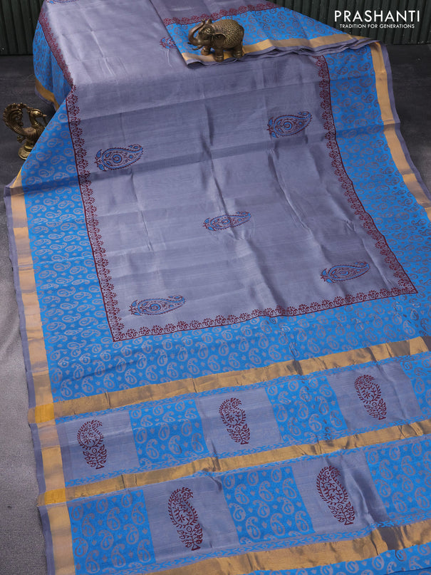 Silk cotton block printed saree grey and cs blue with paisley butta prints and zari woven border