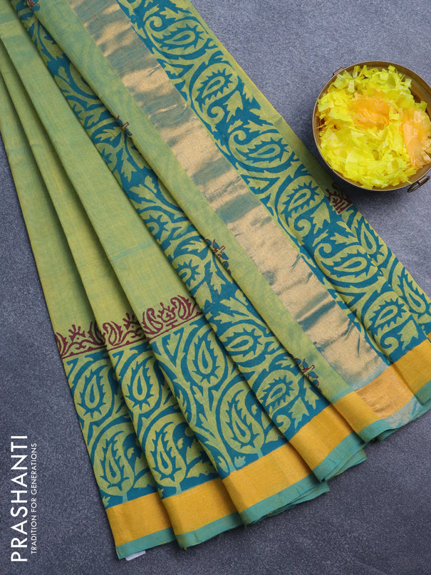 Silk cotton block printed saree dual shade of green with paisley butta prints and zari woven border