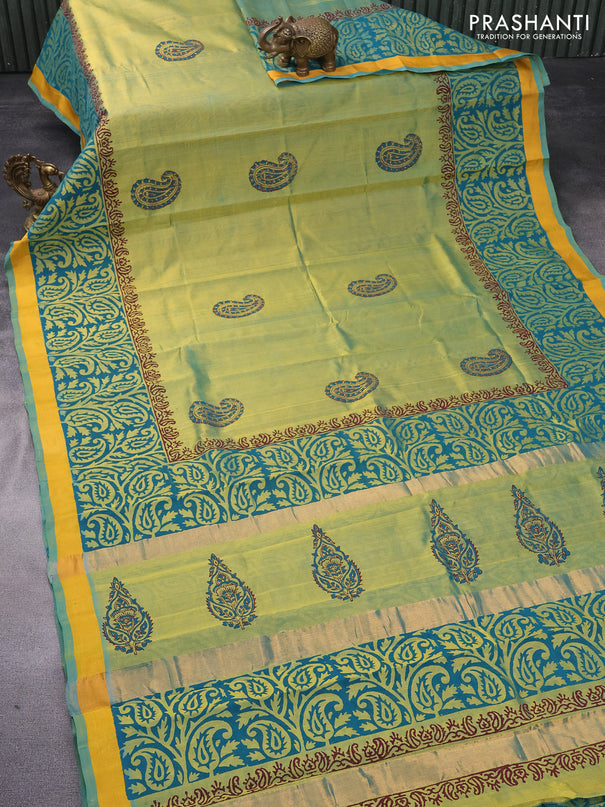 Silk cotton block printed saree dual shade of green with paisley butta prints and zari woven border