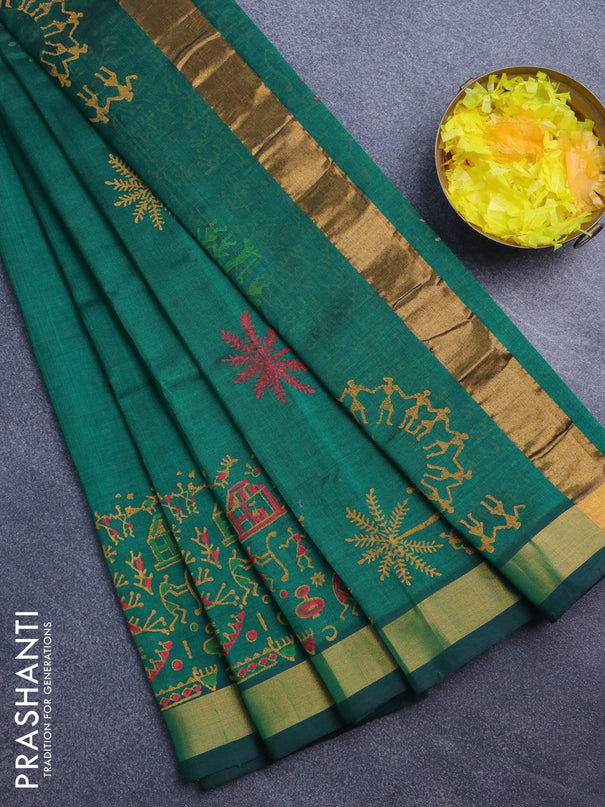 Silk cotton block printed saree green with butta prints and zari woven border