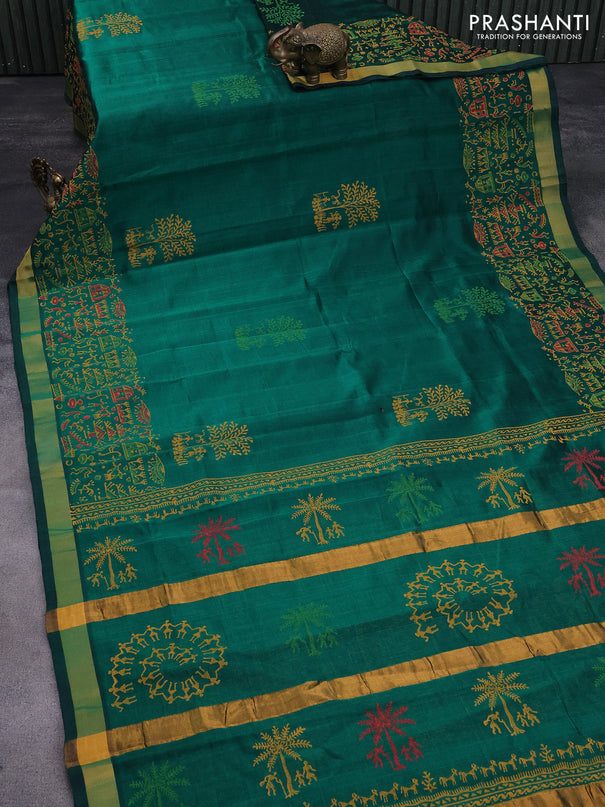 Silk cotton block printed saree green with butta prints and zari woven border