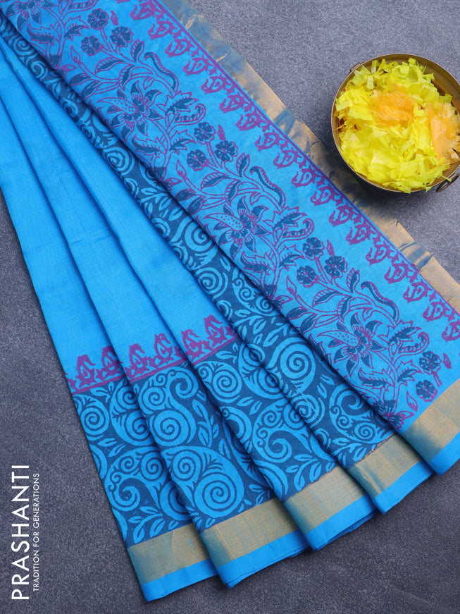 Silk cotton block printed saree cs blue with butta prints and zari woven border