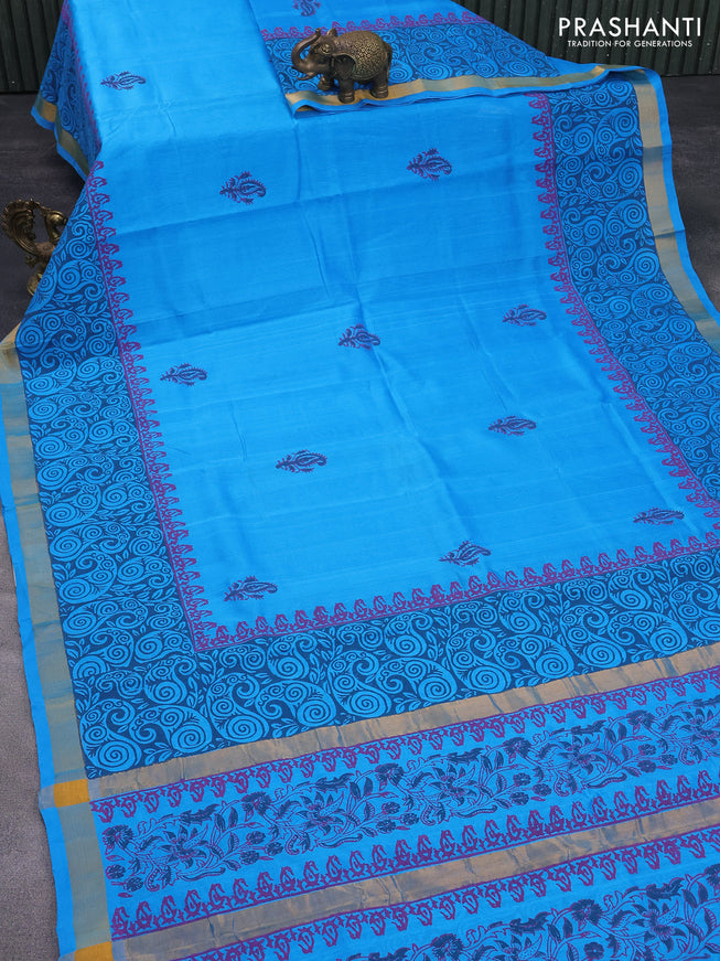 Silk cotton block printed saree cs blue with butta prints and zari woven border