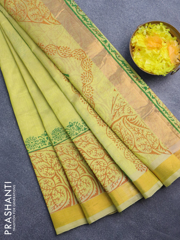 Silk cotton block printed saree lime yellow with butta prints and zari woven border