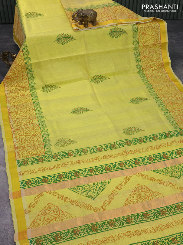 Silk cotton block printed saree lime yellow with butta prints and zari woven border