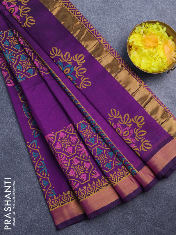 Silk cotton block printed saree deep purple with allover prints and zari woven border