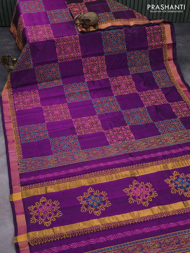 Silk cotton block printed saree deep purple with allover prints and zari woven border