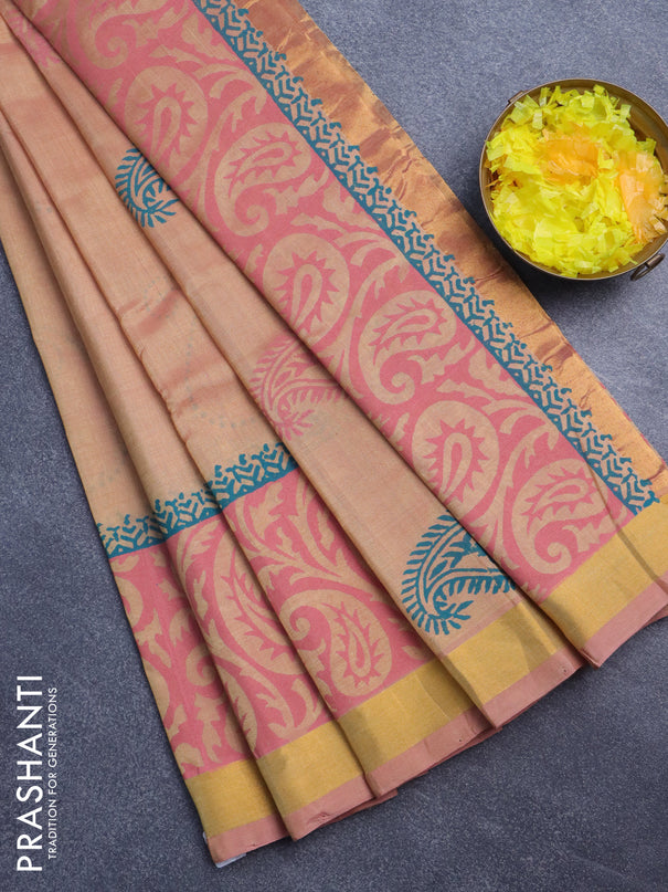 Silk cotton block printed saree dual shade of sandal with butta prints and zari woven border