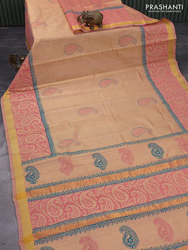 Silk cotton block printed saree dual shade of sandal with butta prints and zari woven border