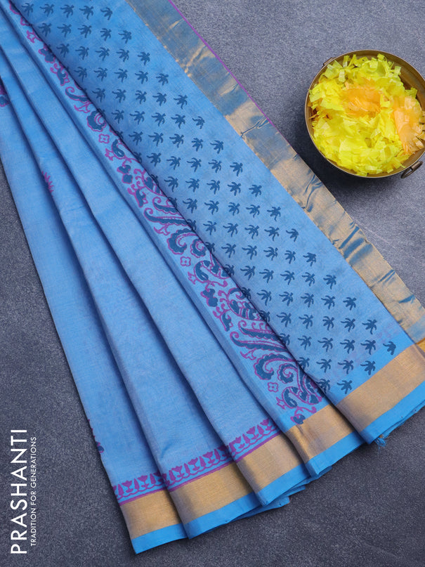 Silk cotton block printed saree light blue with butta prints and zari woven border