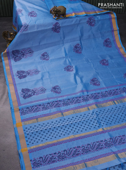 Silk cotton block printed saree light blue with butta prints and zari woven border