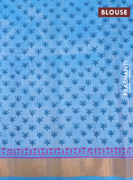 Silk cotton block printed saree light blue with butta prints and zari woven border