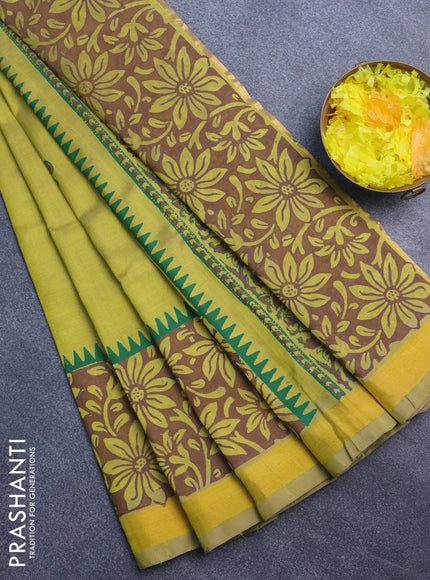 Silk cotton block printed saree lime yellow shade with butta prints and zari woven border