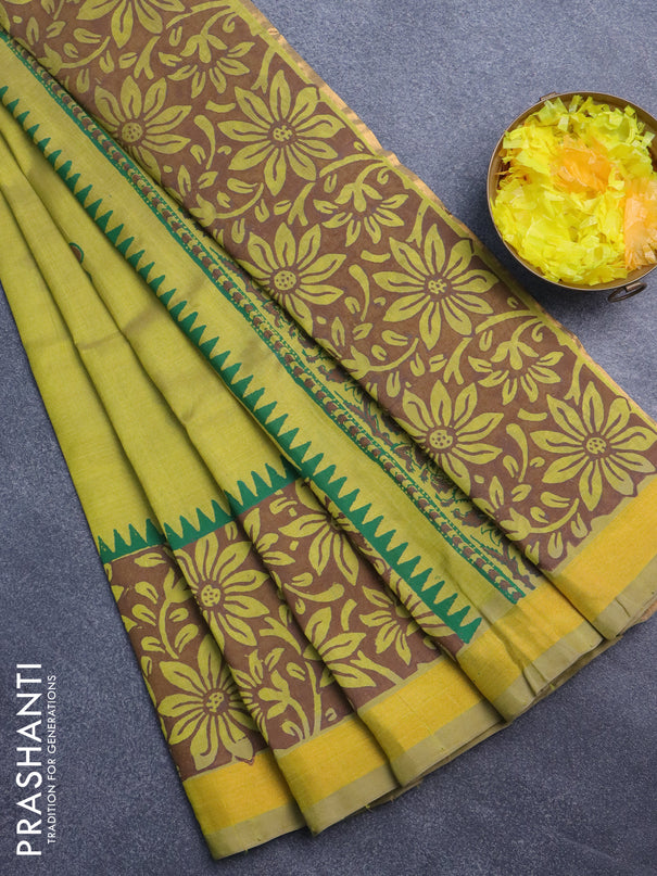 Silk cotton block printed saree lime yellow shade with butta prints and zari woven border