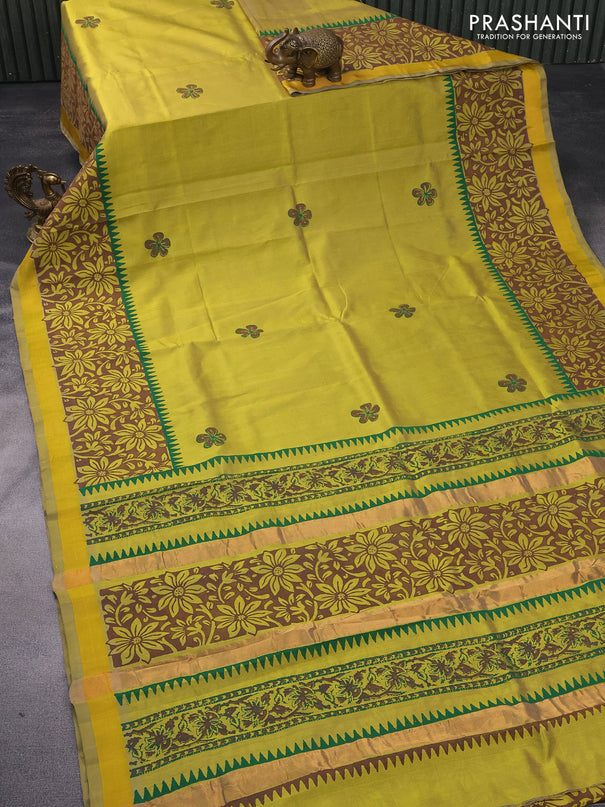 Silk cotton block printed saree lime yellow shade with butta prints and zari woven border