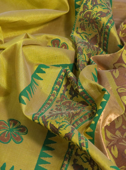 Silk cotton block printed saree lime yellow shade with butta prints and zari woven border